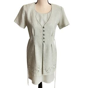 90s Basic Editions Dress Sze S Sage Gingham Embroidery Easter Lagenlook Twee